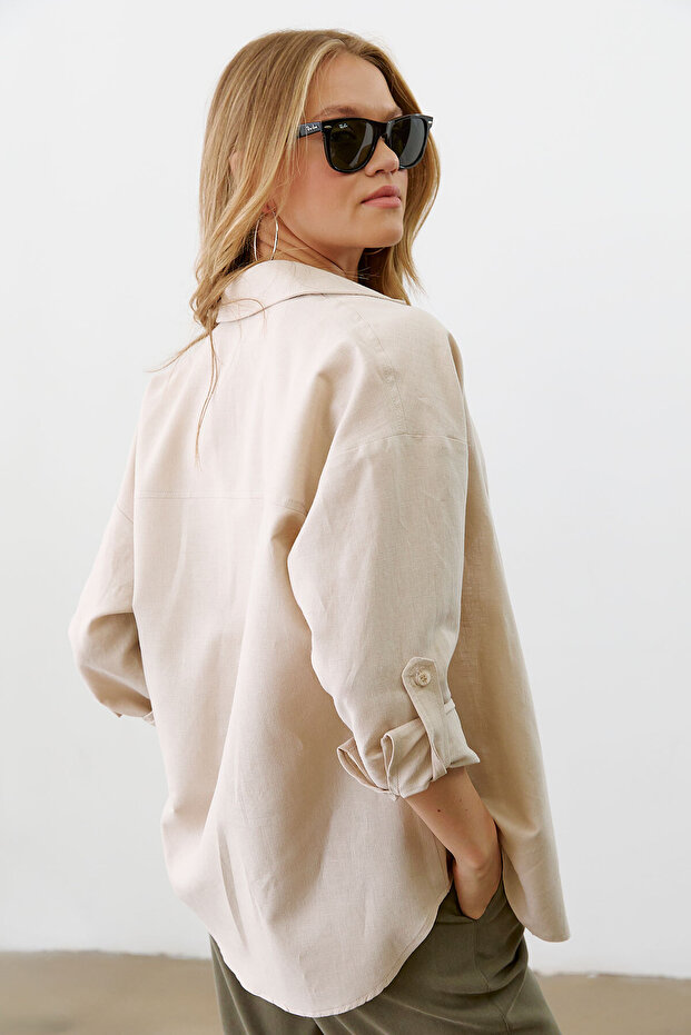 Oversize Keten Gömlek - 7