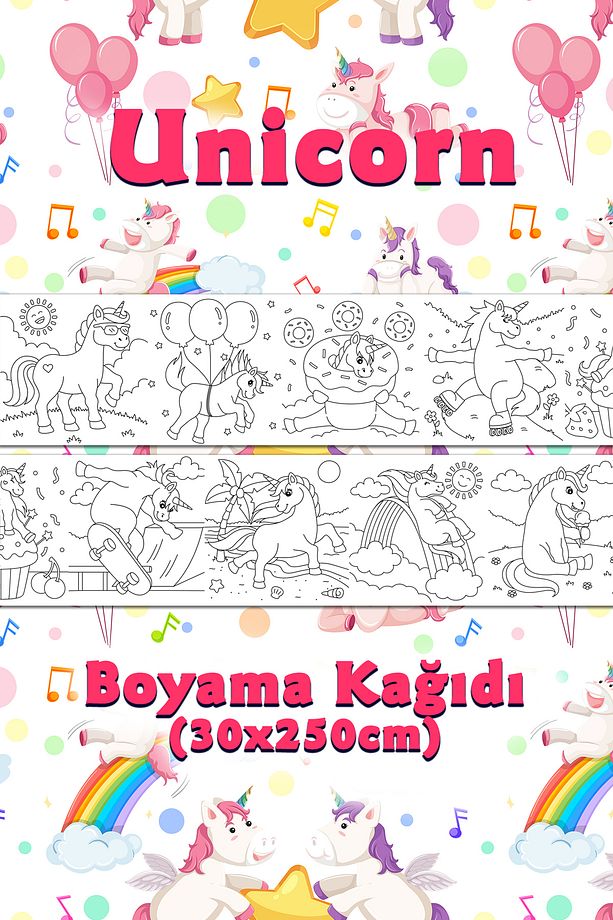 Unicorn Tatilde Temalı Dev Boyama Kağıdı 2,5 Metre Rulo Boyama Kağıdı - Çocuk Eğitici Boyama - 1