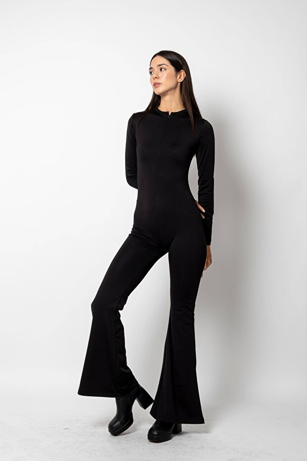 İspanyol Paça Basic Siyah Fermuarlı Tulum - 1