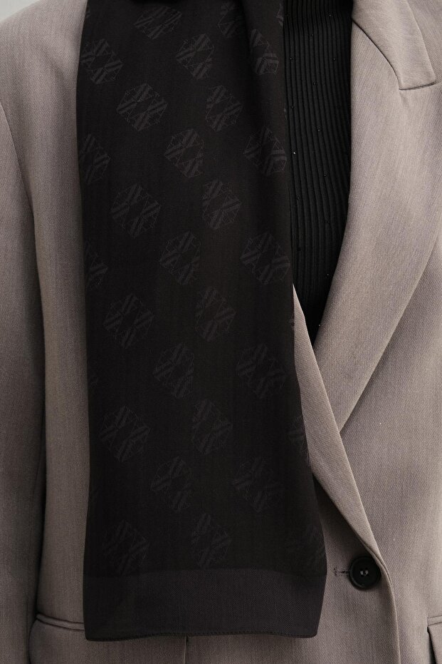 Tensel-ipek Şal - Minimal Monogram Desen - Atn1 - 01 - Siyah - 2