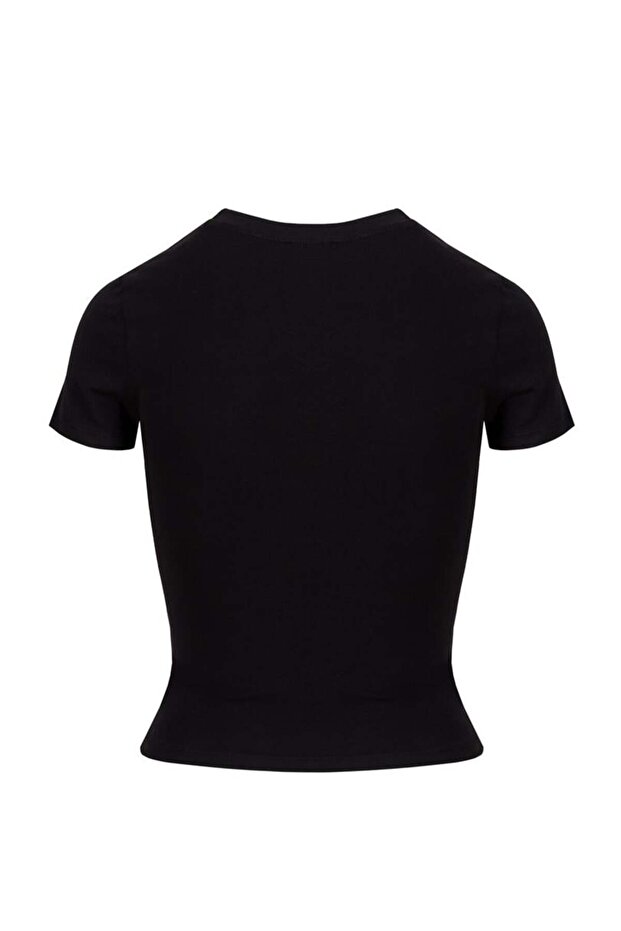 Bisiklet Yaka Basic Crop T-Shirt - Siyah - 6
