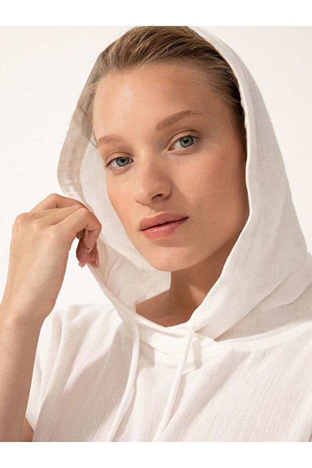 Oversize Kapüşonlu Panço-Elbise - Beyaz - 5