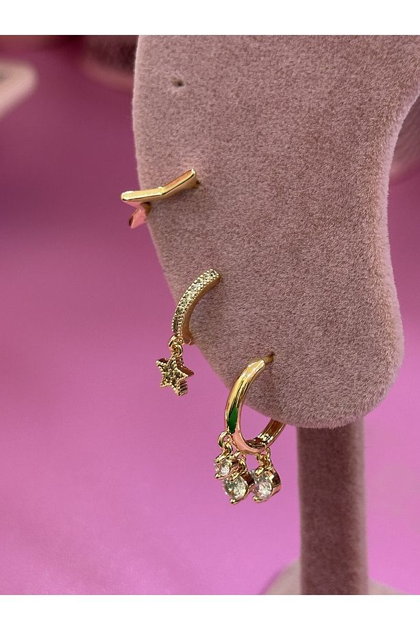 MİNİMAL TAŞLI YILDIZ MODEL GOLD ÜÇLÜ SET ÇELİK KÜPE - 4