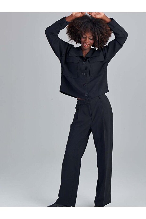 سترة جيب بياقة واسعة - أسود - 2