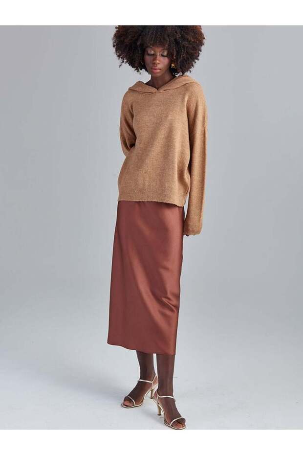 Kapüşonlu Triko Kazak - Vizon - 1