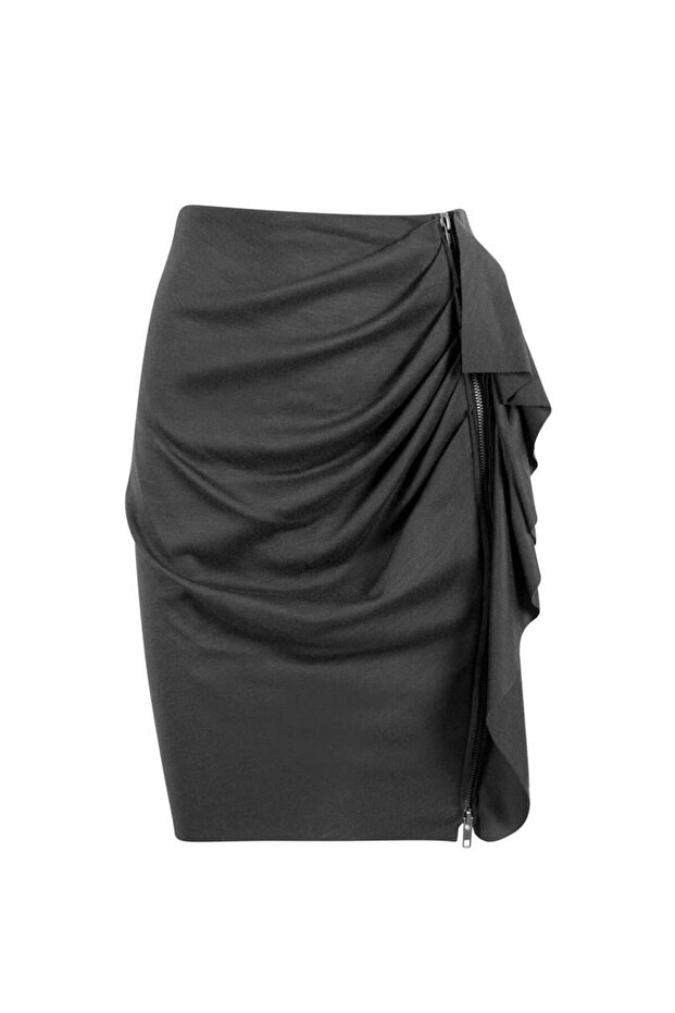 Drapeli Fermuar Detaylı Mini Etek - Siyah - 2