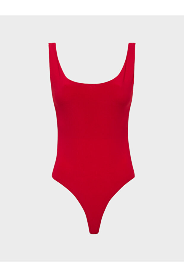 Round Neck Cut Strap Bodysuit - Red