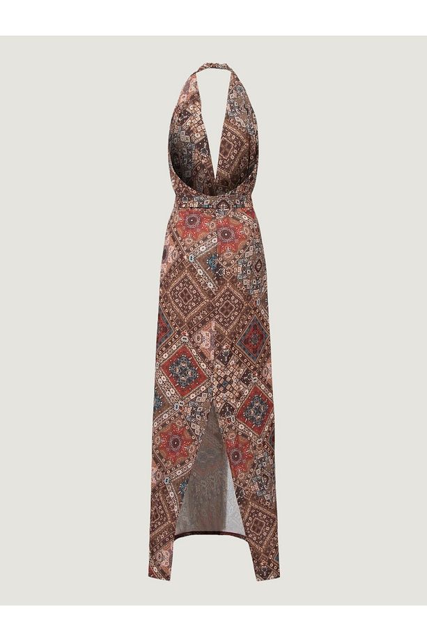 Önü Dekolteli Boyundan Askılı Uzun Elbise - Bohemian Desenli - 8