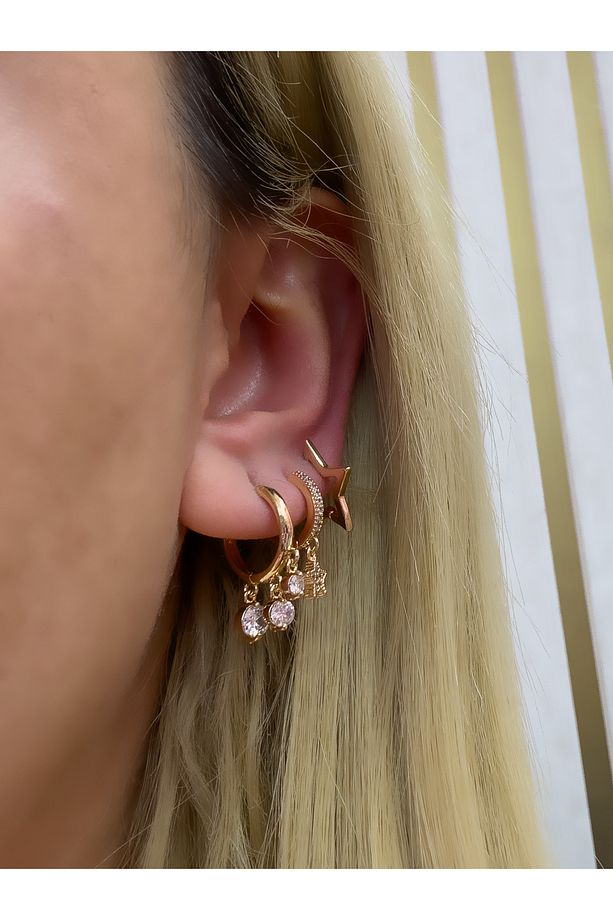 MİNİMAL TAŞLI YILDIZ MODEL GOLD ÜÇLÜ SET ÇELİK KÜPE - 1
