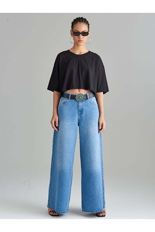 Oversize Crop T-shirt - Siyah - 1