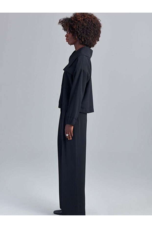 سترة جيب بياقة واسعة - أسود - 3