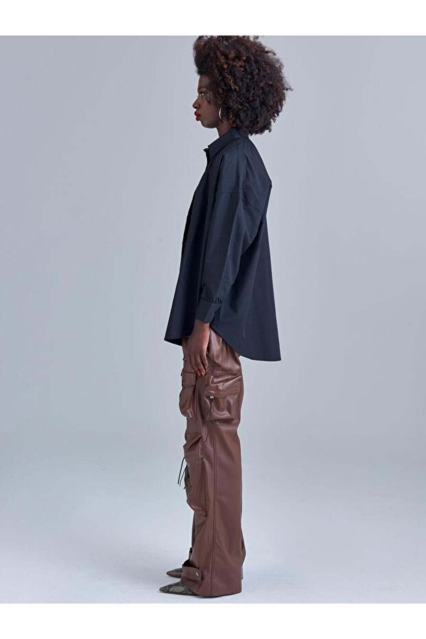 Oversıze Düşük Omuz Gömlek - Siyah - 2