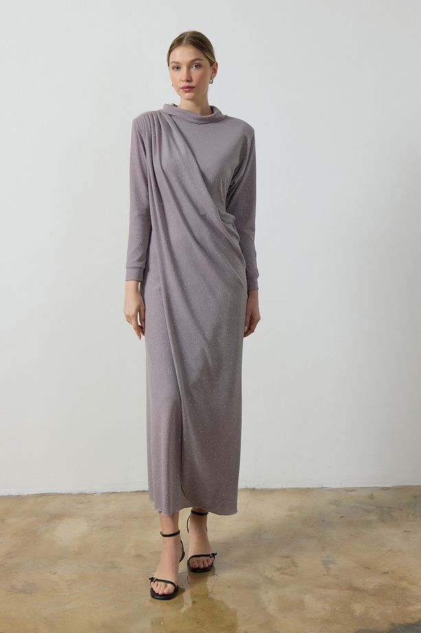 Gri Simli Drape Elbise - 1
