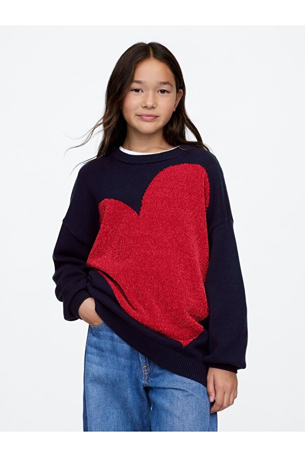 Kız Çocuk Lacivert Grafikli Oversize Tunik Kazak - 1