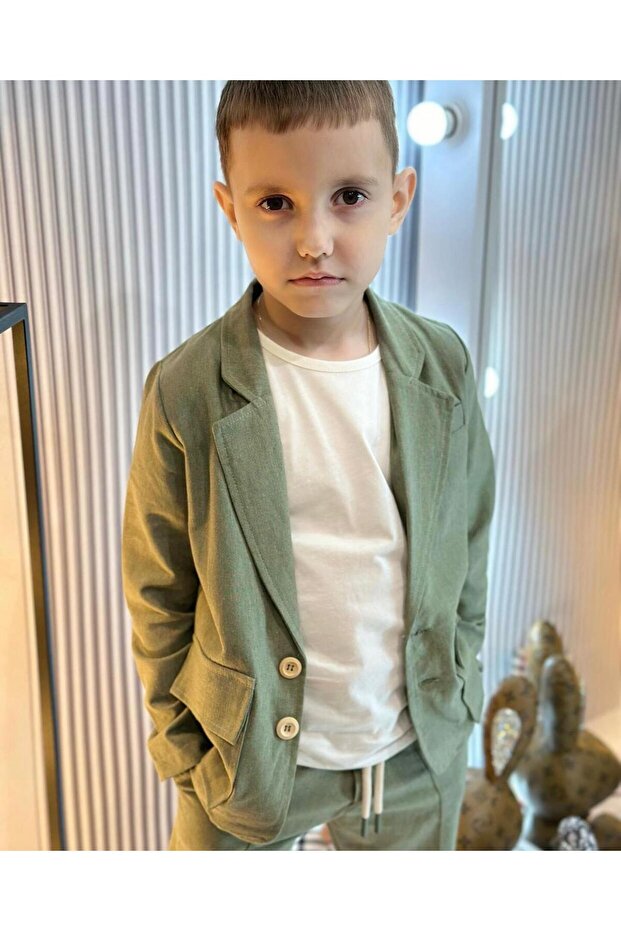 Boy's Natural Linen Fabric, Pants, T-Shirt, Jacket 3-Piece Suit_Rg1465
