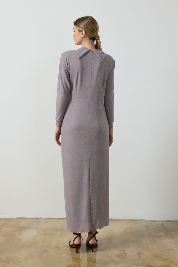 Gri Simli Drape Elbise - 8