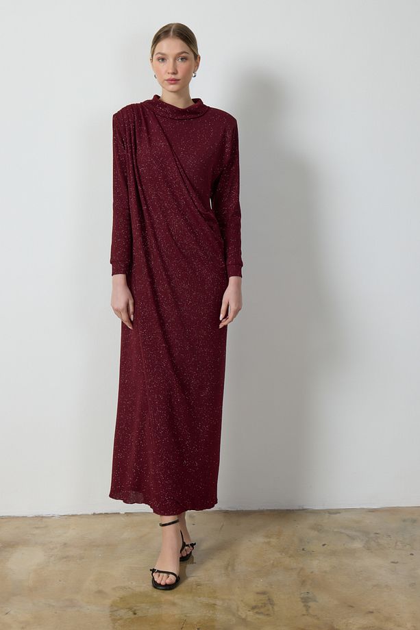 Bordo Simli Drape Elbise - 1