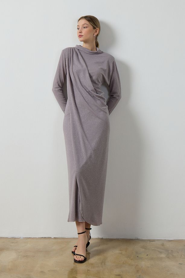Gri Simli Drape Elbise - 4