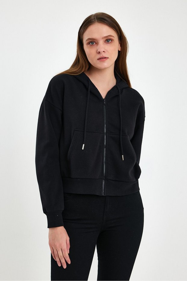 Black Long Sleeve Hooded Zippered Sweatshirt 0090