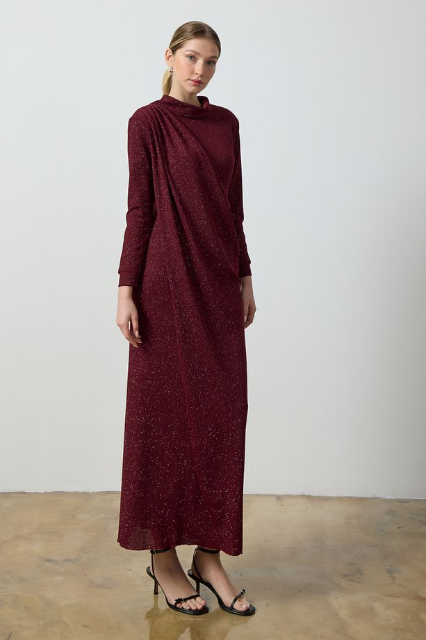 Bordo Simli Drape Elbise - 4