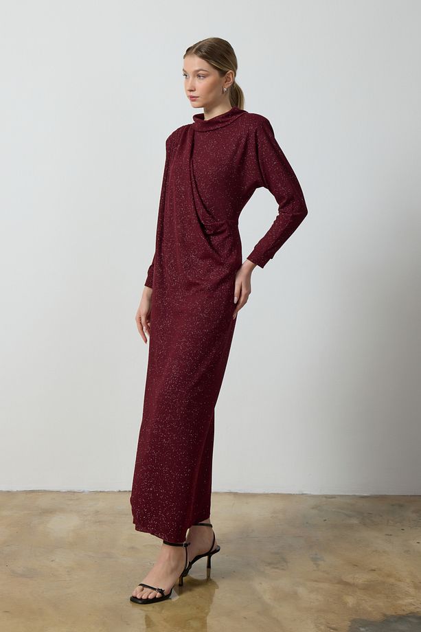 Bordo Simli Drape Elbise - 3