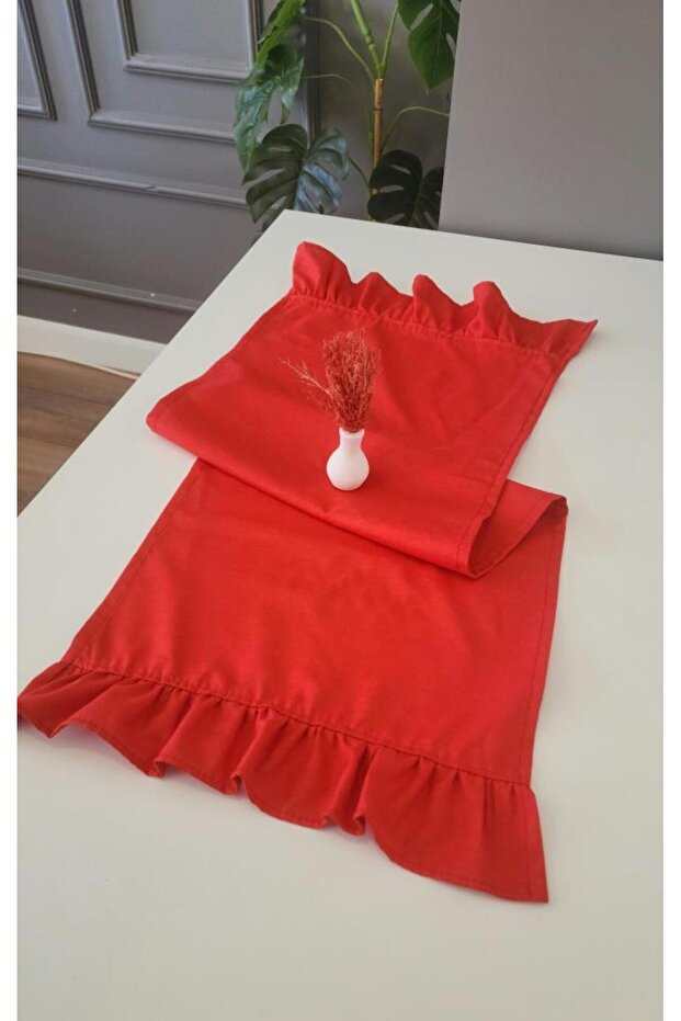 Venus Linen 2-Edge Ruffle Vintage Runner Cover Red 40X110
