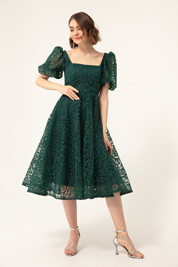 Women's Emerald Green Balloon Sleeve Silvery Midi Evening Dress