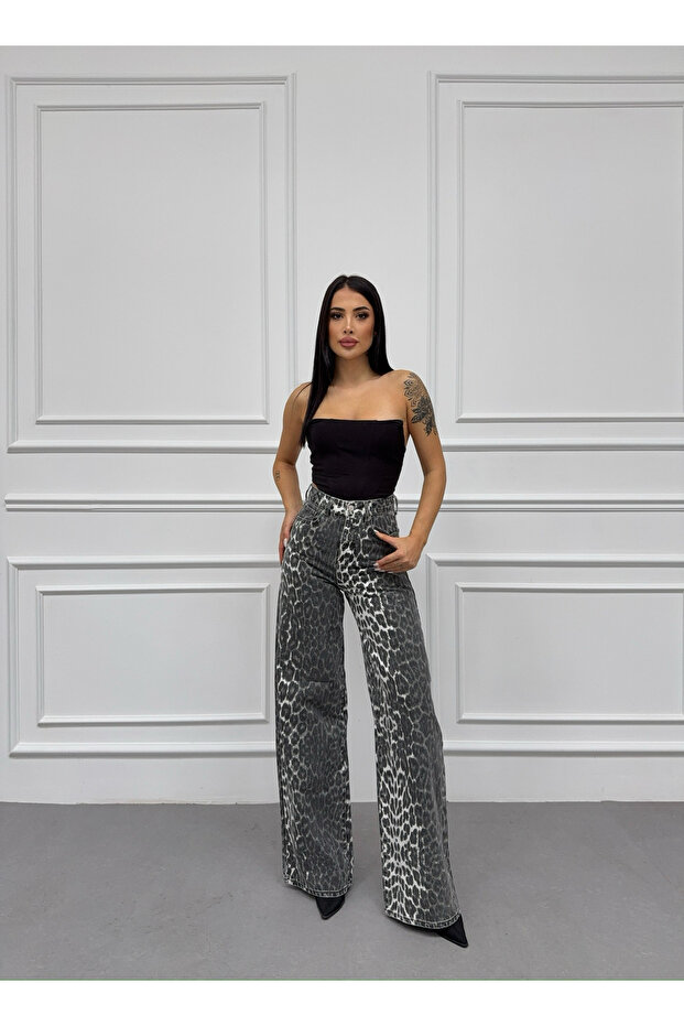 PALAZZO BAGGY LEOPARD BOČNÍ LASEROVÉ KÁMENOVÉ PRANÍ KHAKI JEANS - 1