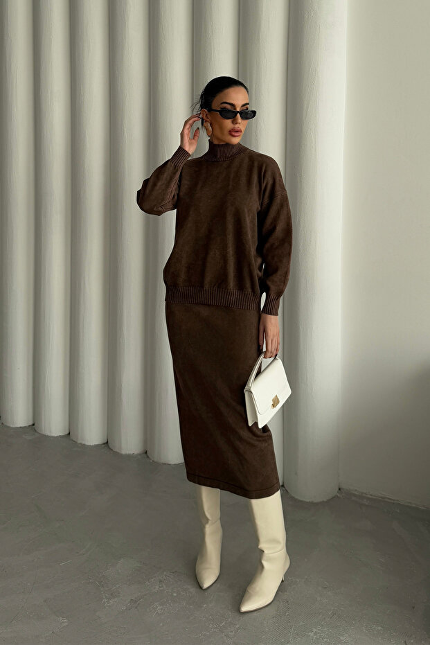 Coffee Washed Skirt Knitwear Set