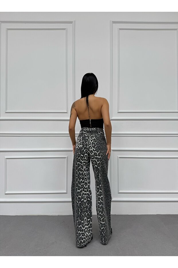 PALAZZO BAGGY LEOPARD BOČNÍ LASEROVÉ KÁMENOVÉ PRANÍ KHAKI JEANS - 7