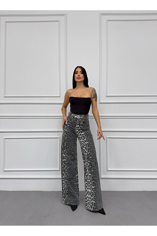 PALAZZO BAGGY LEOPARD BOČNÍ LASEROVÉ KÁMENOVÉ PRANÍ KHAKI JEANS - 5