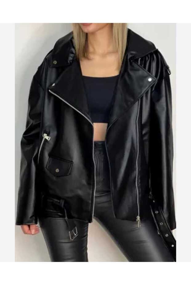 Oversize kemerli deri ceket - 1
