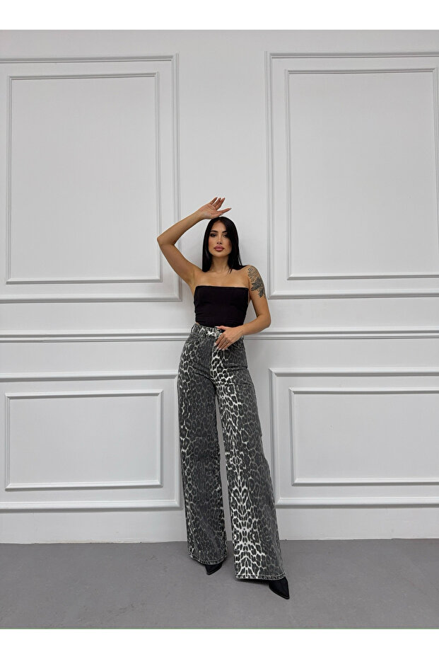 PALAZZO BAGGY LEOPARD BOČNÍ LASEROVÉ KÁMENOVÉ PRANÍ KHAKI JEANS - 6