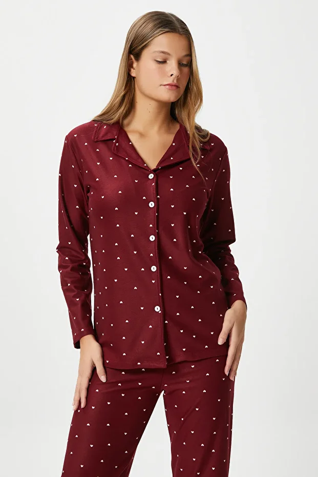 Kadın Nora Premium Bordo Kalp Süet Doku Düğmeli Yılbaşı Pijama Takımı - 2