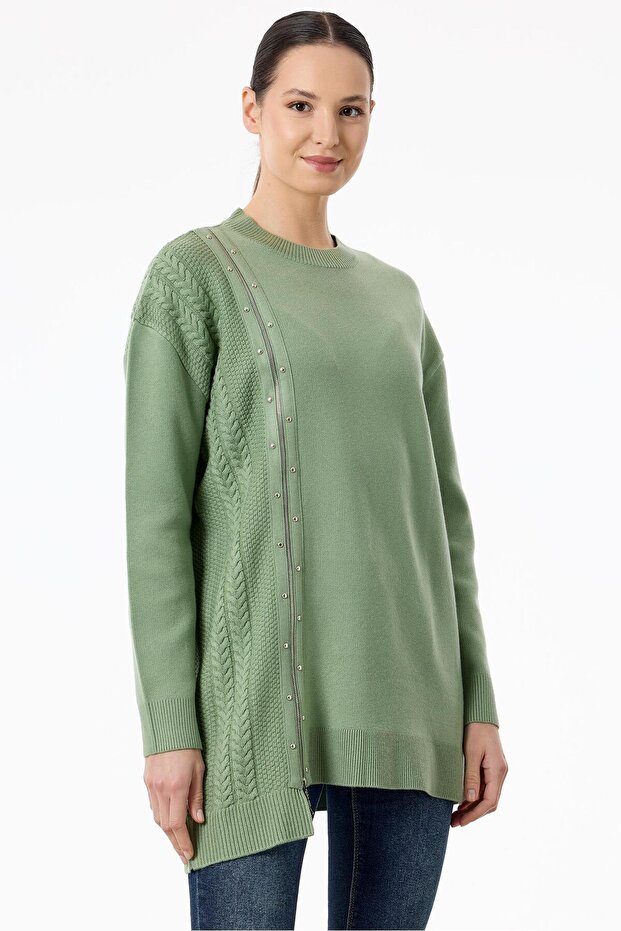 Green Zipper Detailed Knitwear Tunic
