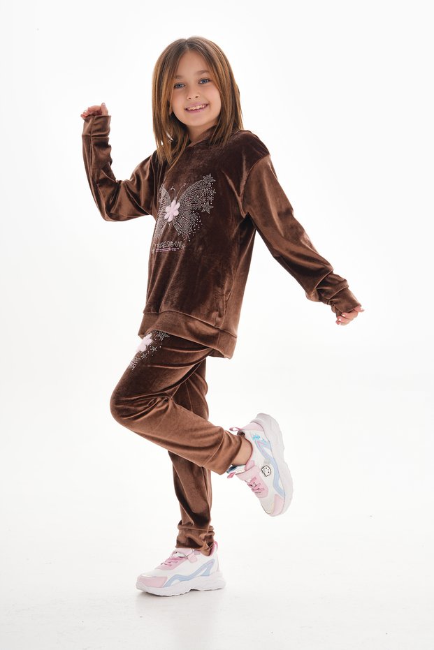 Velvet Hooded Girls' Set - Butterfly Embroidery Detail, Rb-751