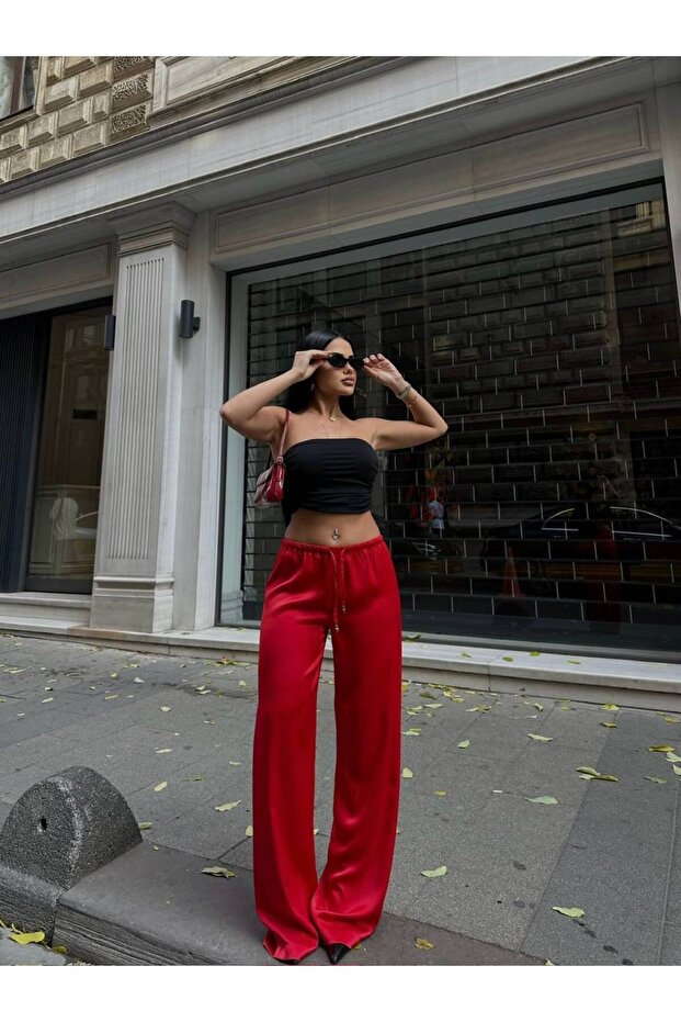 Women's Satin Elastic Draped Palazzo Trousers