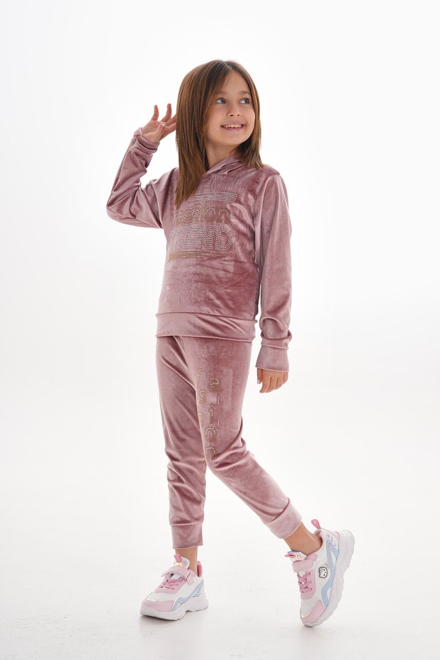 Girl's Velvet Hooded Top and Bottom Set with Embroidery Detail Rb-755