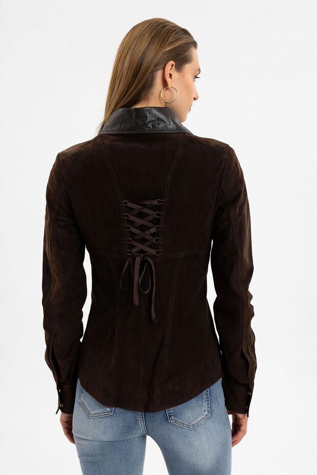 Eylin Kahve Kadın Hakiki Süet Gömlek - 7