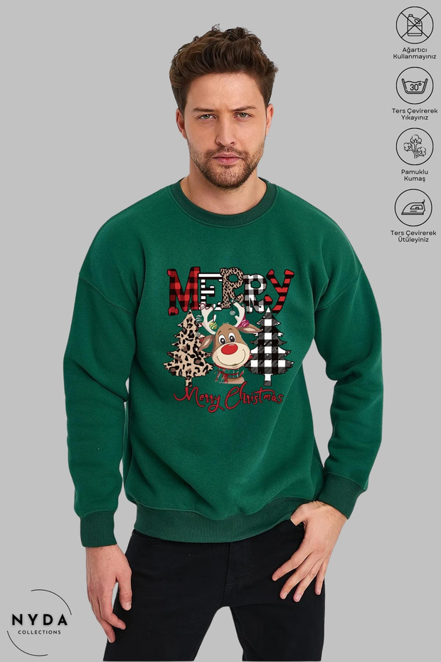 Unisex Deer Merry Christmas Christmas Printed Crew Neck Hoodless Raised Oversize Sweatshirt