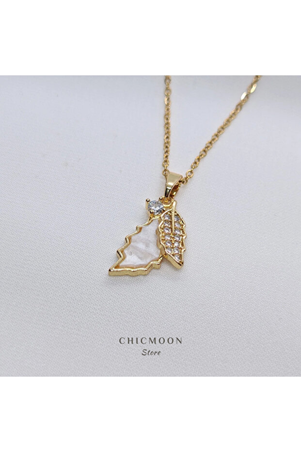 Steel Gold Color Zircon Stone Leaf Necklace