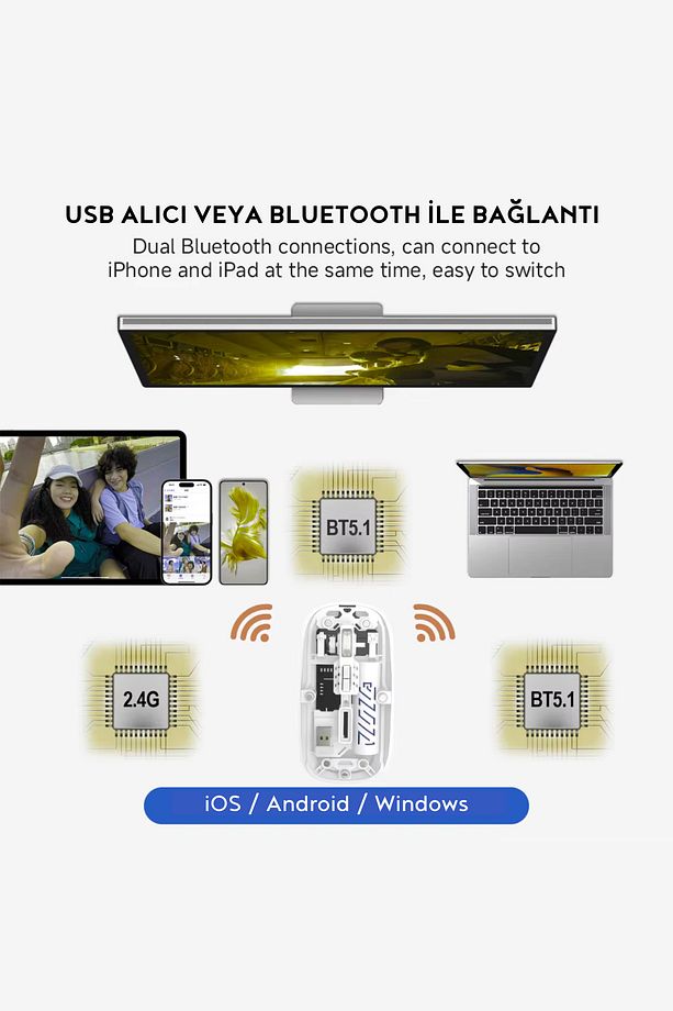 Şarjlı Kablosuz Mouse Şeffaf Tasarım Bluetooth + USB Çift Mod Telefon / Tablet / Laptop / PC - 5