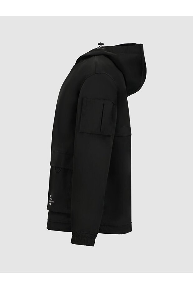 Kapüşonlu Teknık Siyah Ceket - 3