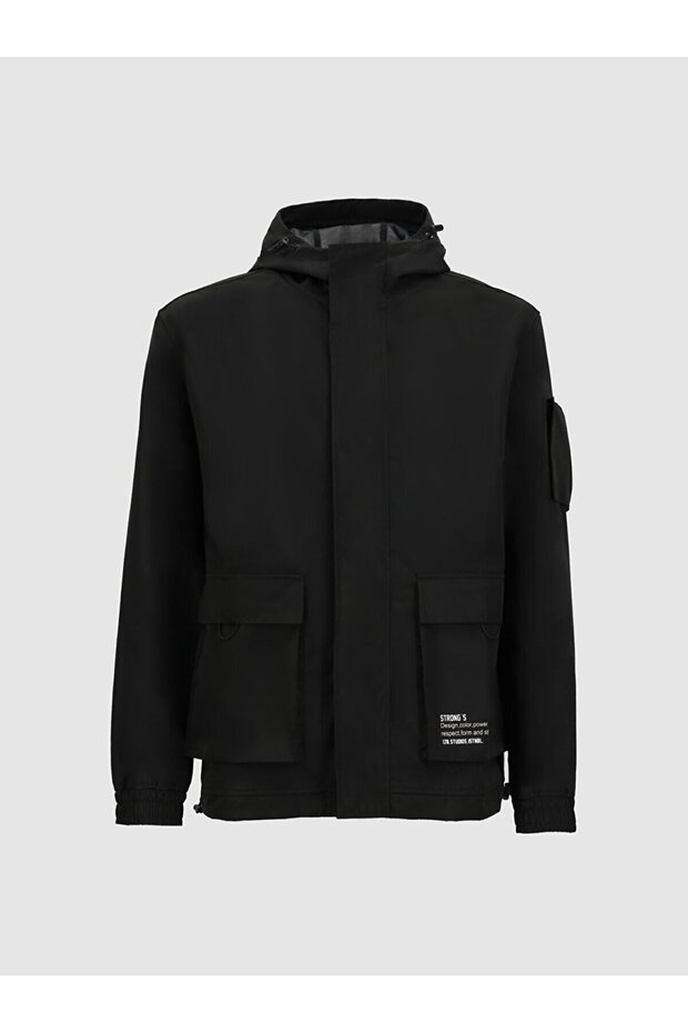 Kapüşonlu Teknık Siyah Ceket - 1
