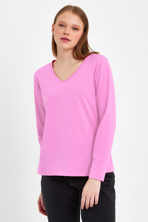 Kadın Uzun Kollu V Yaka Basic Pamuklu Örme Bluz - 2