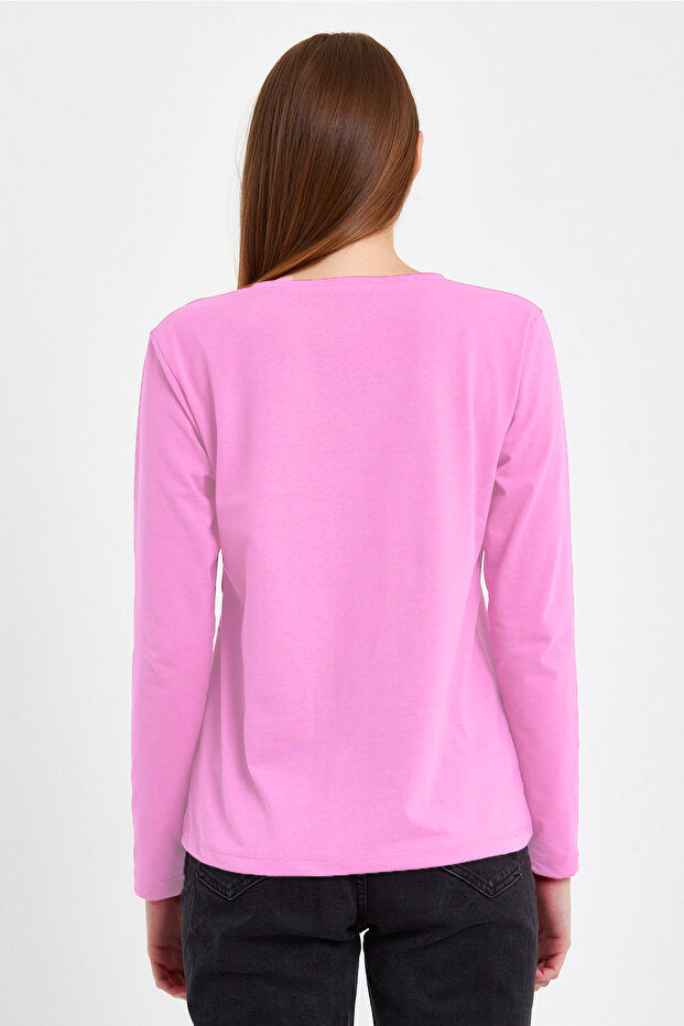 Kadın Uzun Kollu V Yaka Basic Pamuklu Örme Bluz - 4