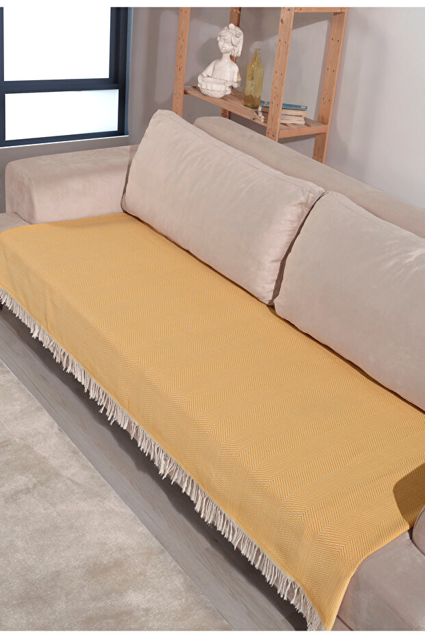 Yellow Cotton Sofa Cover 115X200 with Front Fringes and Striped Pattern