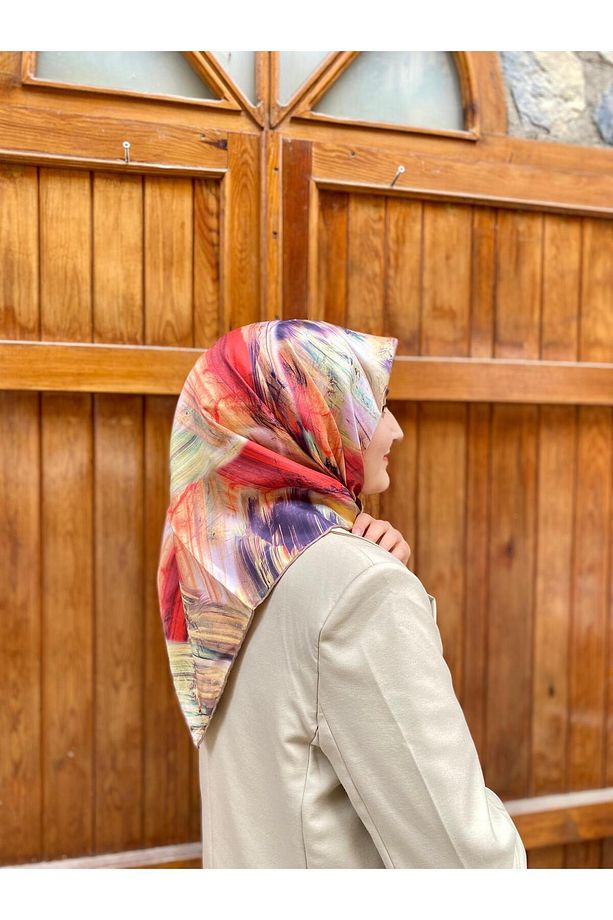 Mercan-Sarı Fırça Desen Tivil İpek Eşarp 3873 - 3