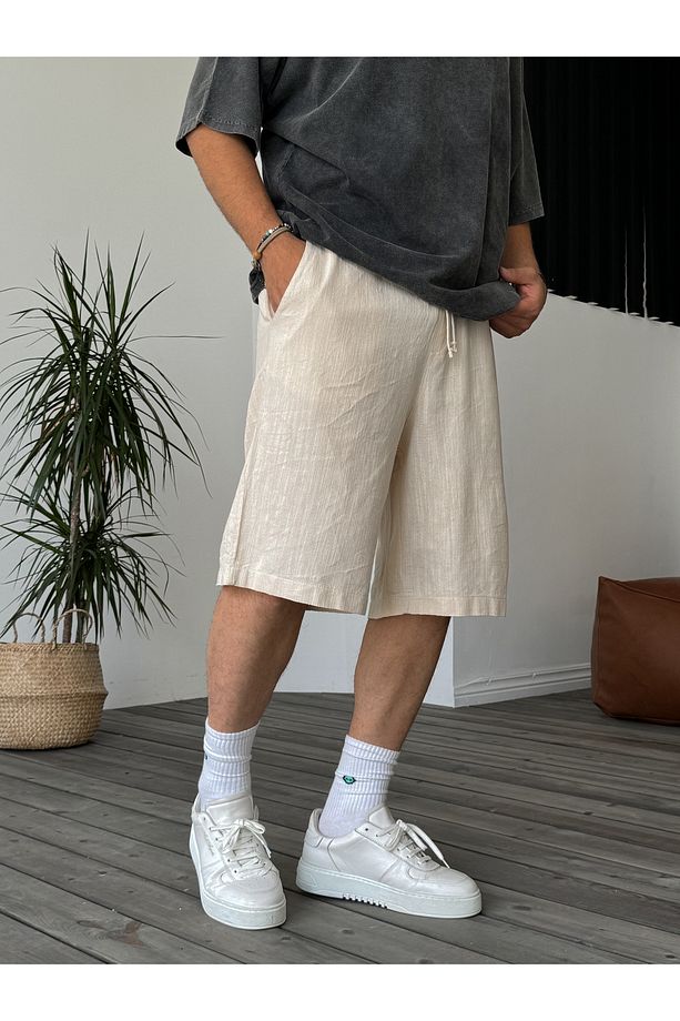 Bej Basic Cotton Şort V-40-510 - 3