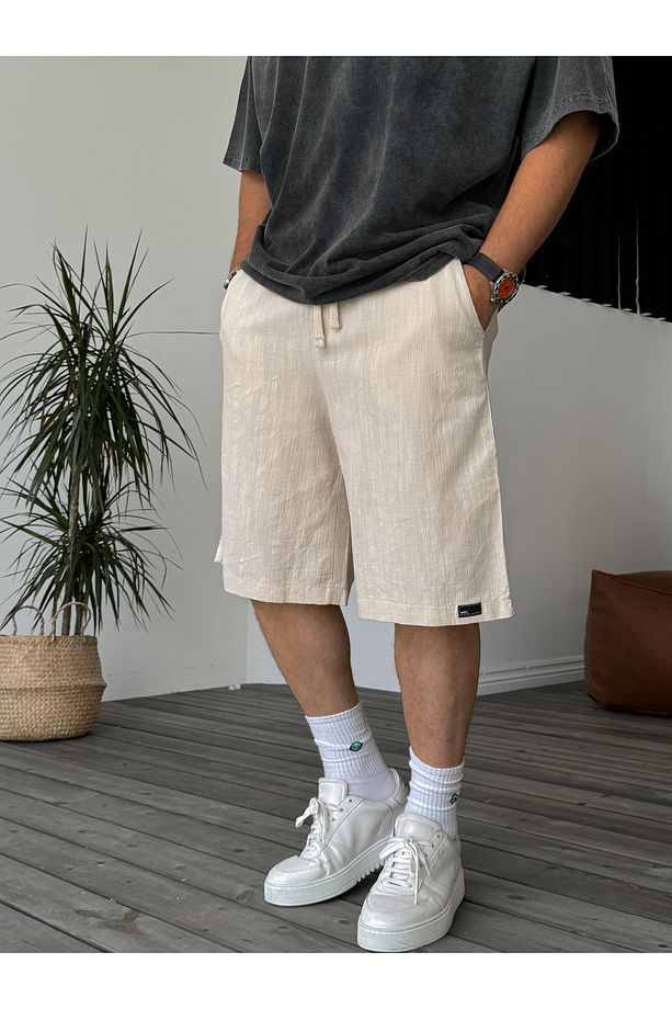Bej Basic Cotton Şort V-40-510 - 1